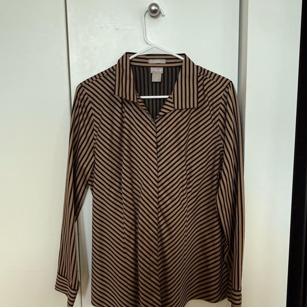 Chico's Black and Tan Striped Button Down Shirt